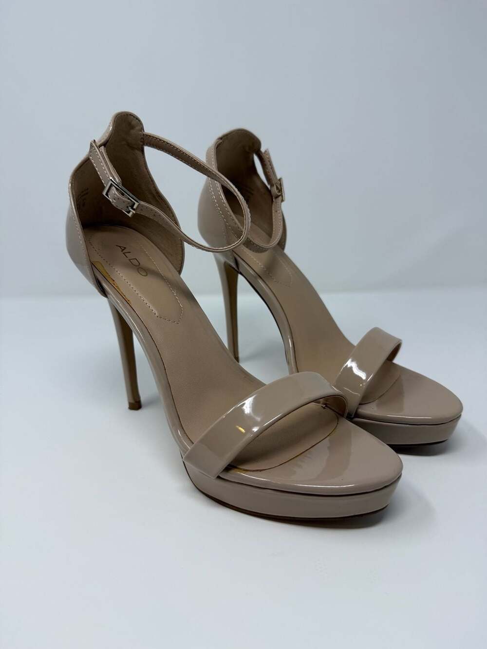 Aldo Madalene Beige Patent Leather Ankle Strap Stiletto Platform Heels wedding p